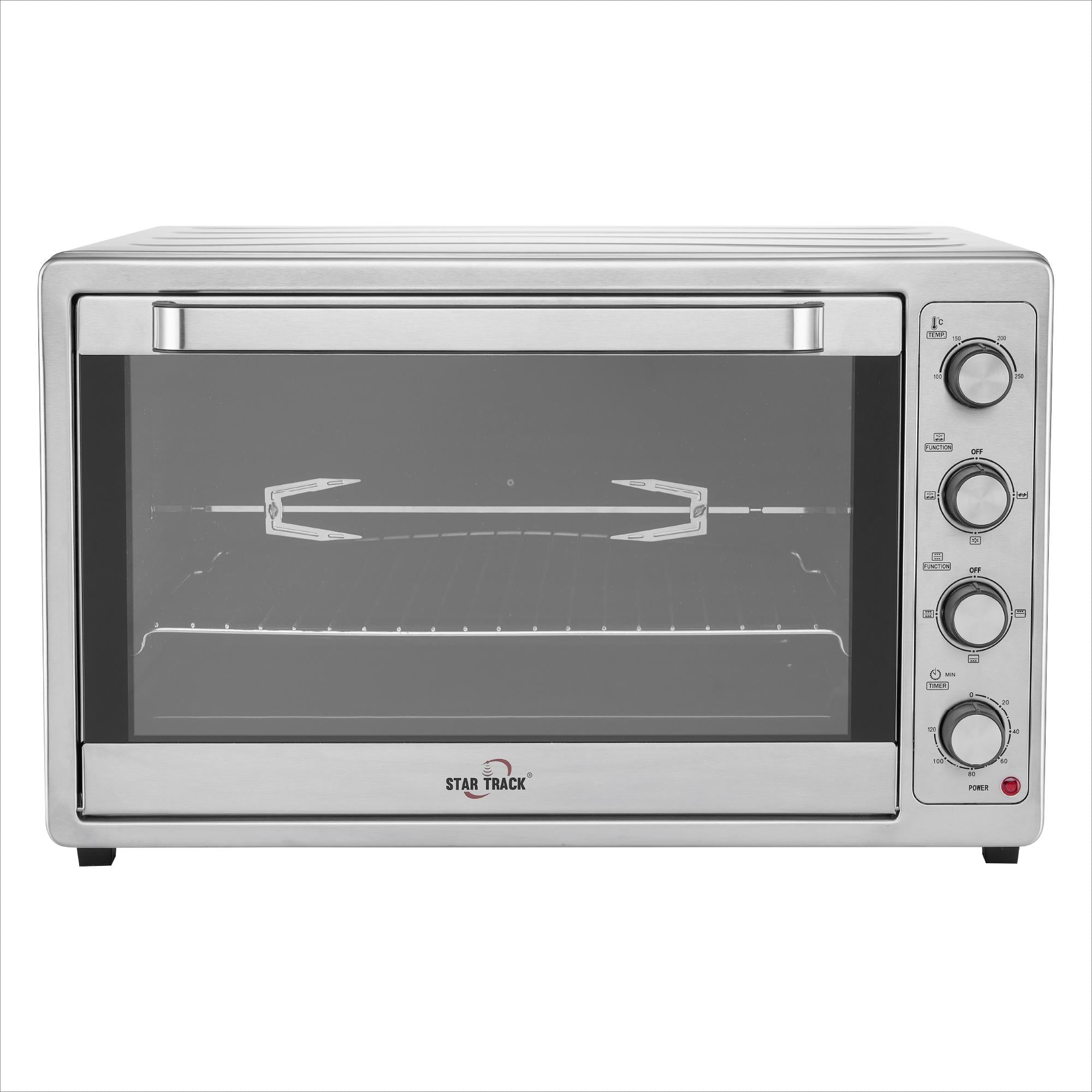 Four électrique 100L avec autonettoyage, tournebroche, cavité en céramique, convection, minuterie 120 minutes, 2200W, 8 éléments chauffants en acier inoxydable.