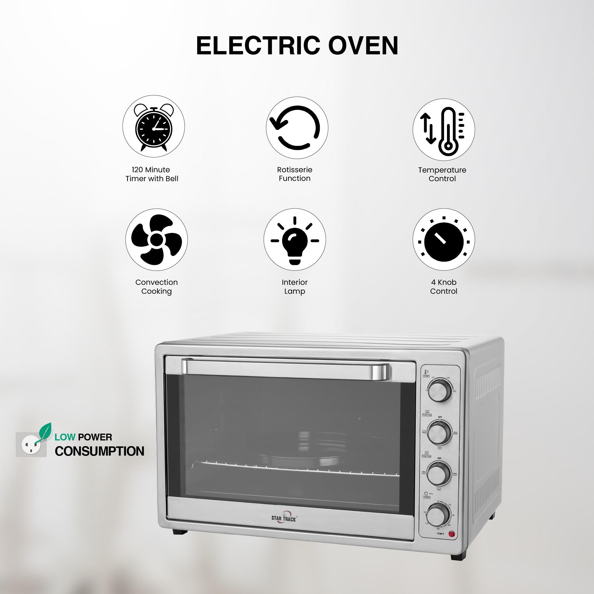 Four électrique 100L avec autonettoyage, tournebroche, cavité en céramique, convection, minuterie 120 minutes, 2200W, 8 éléments chauffants en acier inoxydable. – Image 2