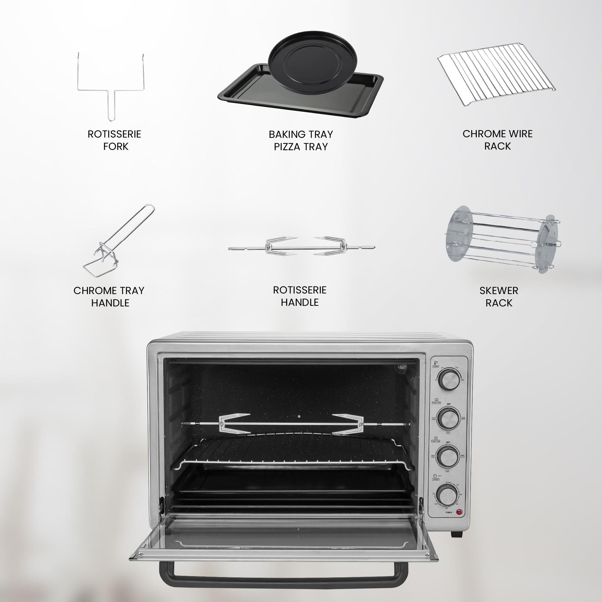 Four électrique 100L avec autonettoyage, tournebroche, cavité en céramique, convection, minuterie 120 minutes, 2200W, 8 éléments chauffants en acier inoxydable. – Image 3