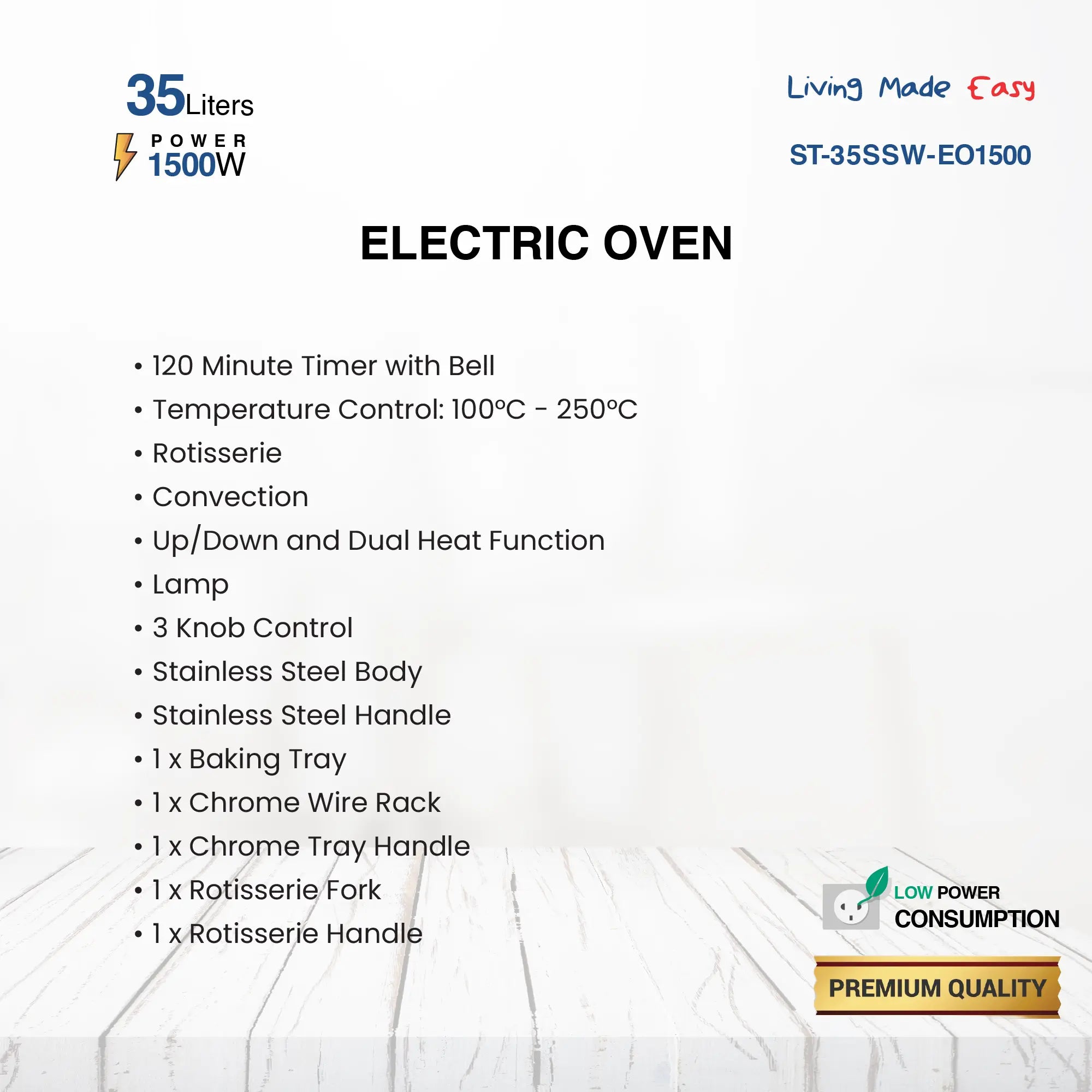 Four électrique 35L avec rôtissoire, convection, minuteur 120 minutes, contrôle de température 100°C à 250°C, fonctions de cuisson supérieure, inférieure et combinée, 3 boutons de commande, 5 accessoires de cuisson, corps et poignée en acier inoxydable, 1500W. – Image 5
