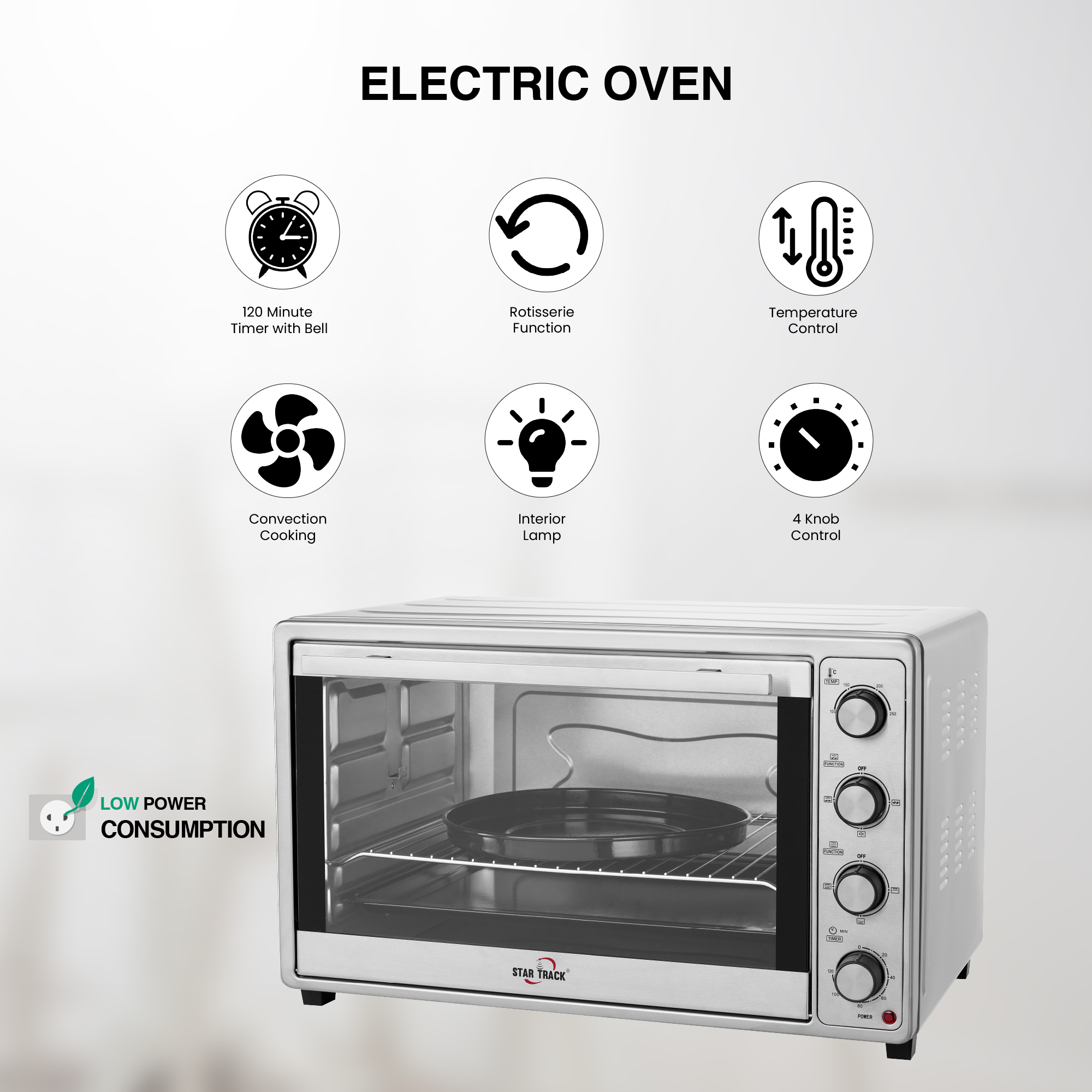 Four électrique 66L avec rôtissoire, convection, 4 boutons, minuterie 120 minutes, brochette, plaque à pizza, corps en acier inoxydable 2200W, cavité intérieure galvanisée. – Image 2