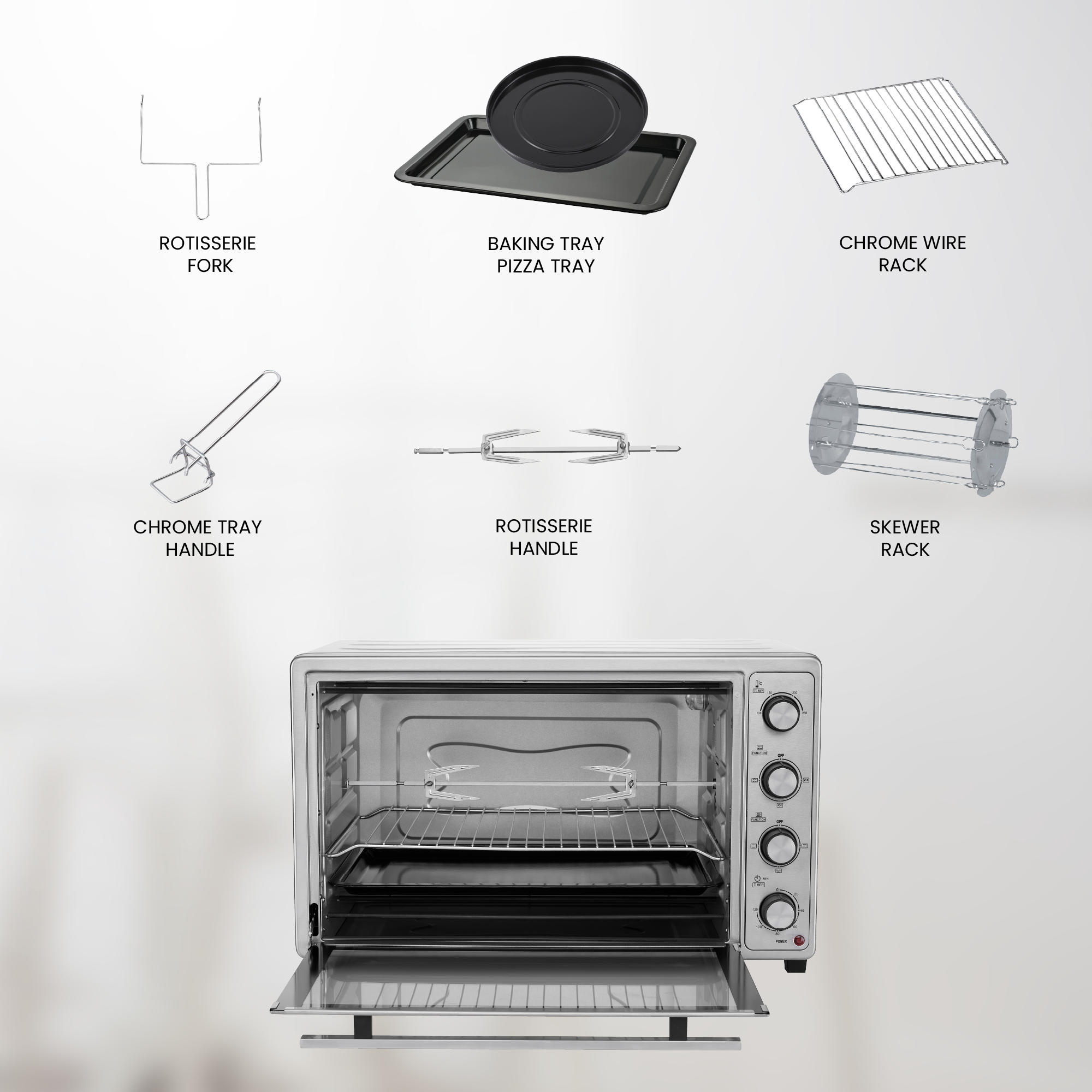 Four électrique 66L avec rôtissoire, convection, 4 boutons, minuterie 120 minutes, brochette, plaque à pizza, corps en acier inoxydable 2200W, cavité intérieure galvanisée. – Image 3