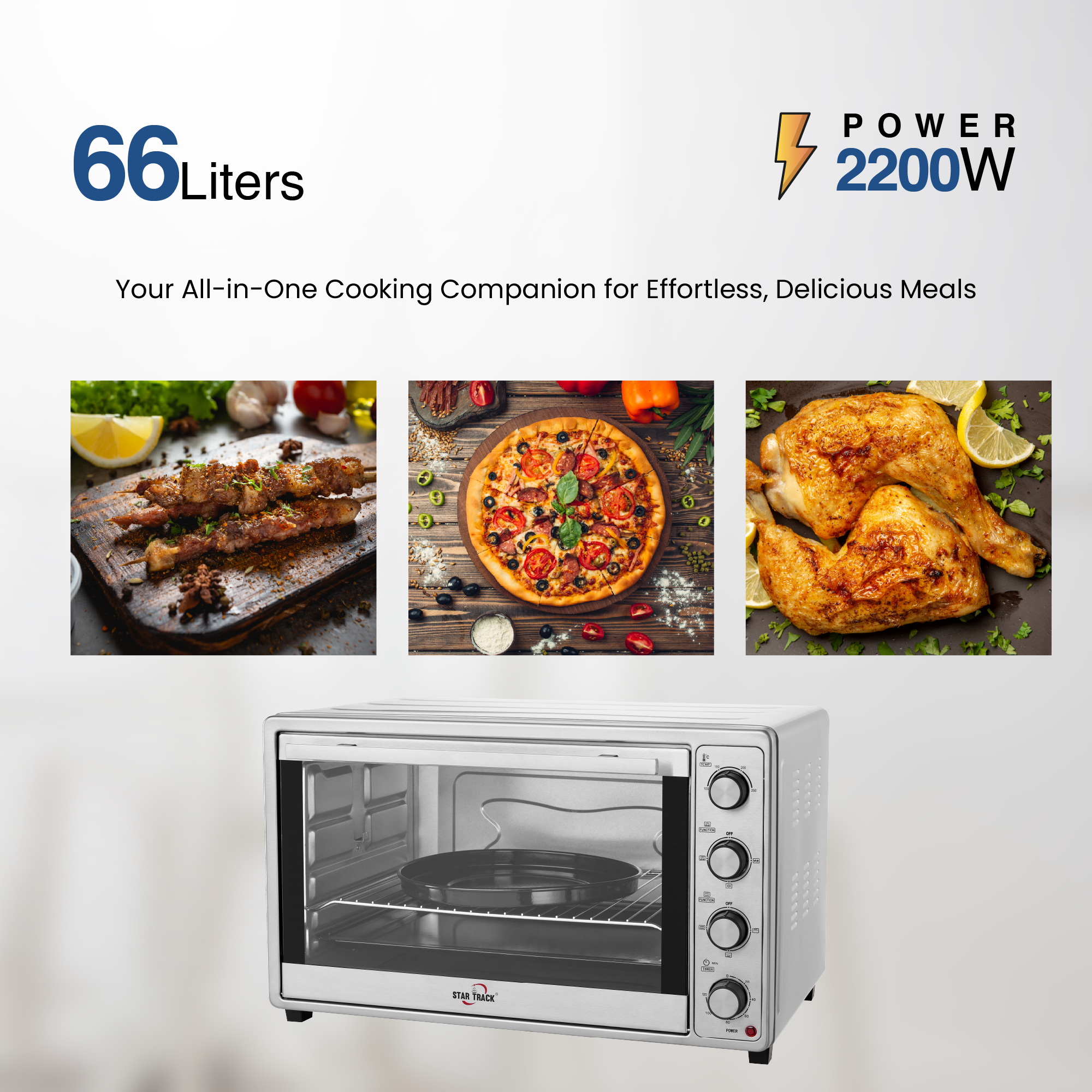 Four électrique 66L avec rôtissoire, convection, 4 boutons, minuterie 120 minutes, brochette, plaque à pizza, corps en acier inoxydable 2200W, cavité intérieure galvanisée. – Image 4