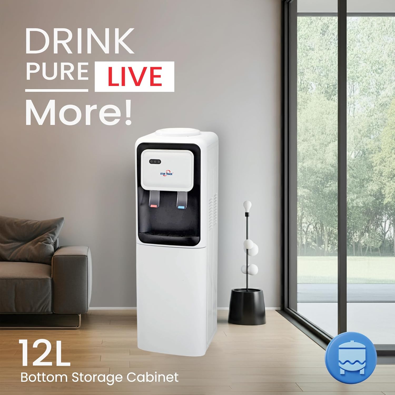 Fontaine à eau à chargement par le haut, modèle ST-LWD-19, avec eau chaude, eau froide, compartiment de rangement de 12L, refroidissement par compresseur et design compact idéal pour la maison, le bureau ou le cellier. – Image 2