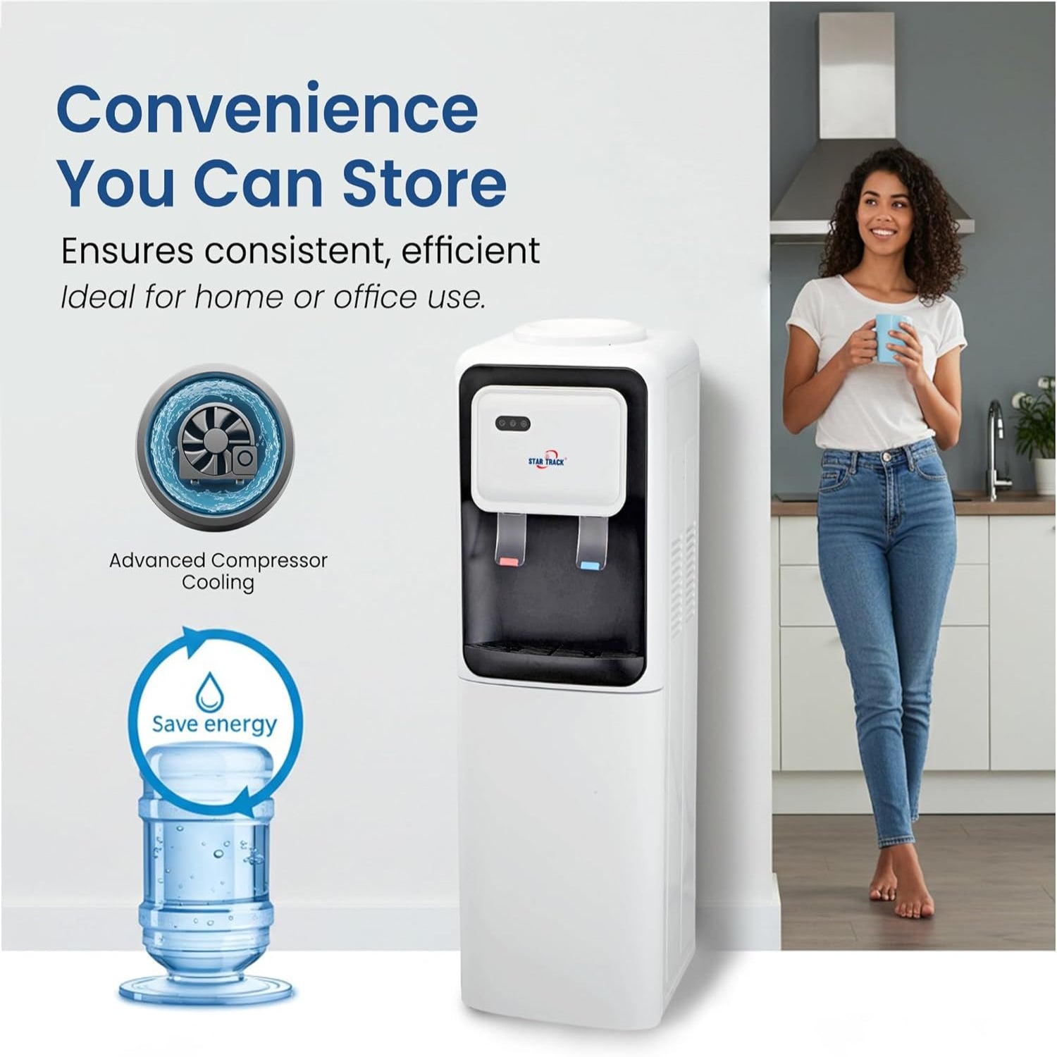 Fontaine à eau à chargement par le haut, modèle ST-LWD-19, avec eau chaude, eau froide, compartiment de rangement de 12L, refroidissement par compresseur et design compact idéal pour la maison, le bureau ou le cellier. – Image 4