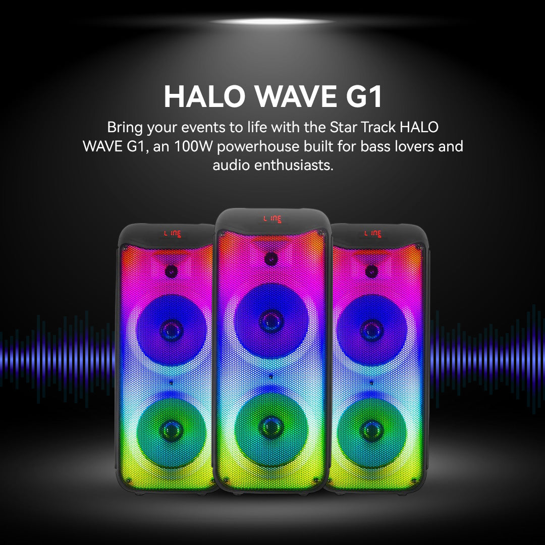 LED TOWER WOOFER HALO WAVE G1 100W : Système d'enceinte Bluetooth TWS 100W avec double haut-parleur de basses 10", tweeter 1.5", entrée guitare, micro sans fil, radio FM, effets lumineux flamme, USB, TF, AUX, DC et contrôles micro. – Image 2
