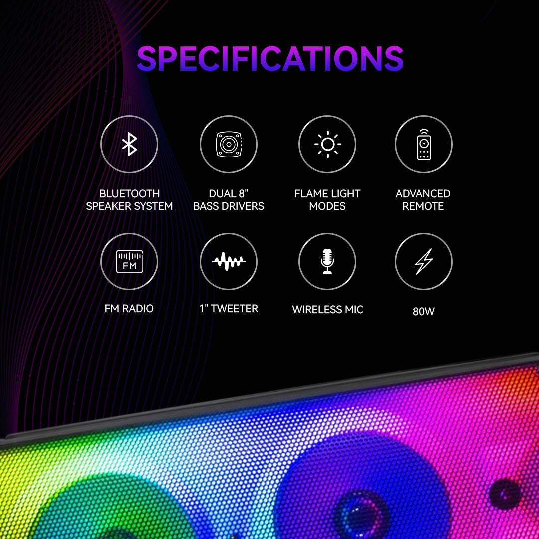 LED TOWER WOOFER HALO WAVE G1 80W:Système d'enceinte Bluetooth TWS 80W HALO WAVE G1 avec double haut-parleur de graves 8", tweeter 1", micro sans fil, radio FM, modes d'éclairage flamme, USB, TF, AUX, DC. – Image 2