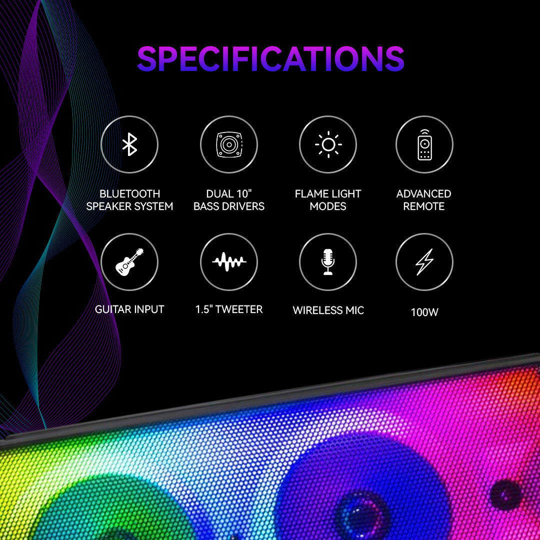 LED TOWER WOOFER HALO WAVE G1 100W : Système d'enceinte Bluetooth TWS 100W avec double haut-parleur de basses 10", tweeter 1.5", entrée guitare, micro sans fil, radio FM, effets lumineux flamme, USB, TF, AUX, DC et contrôles micro. – Image 3