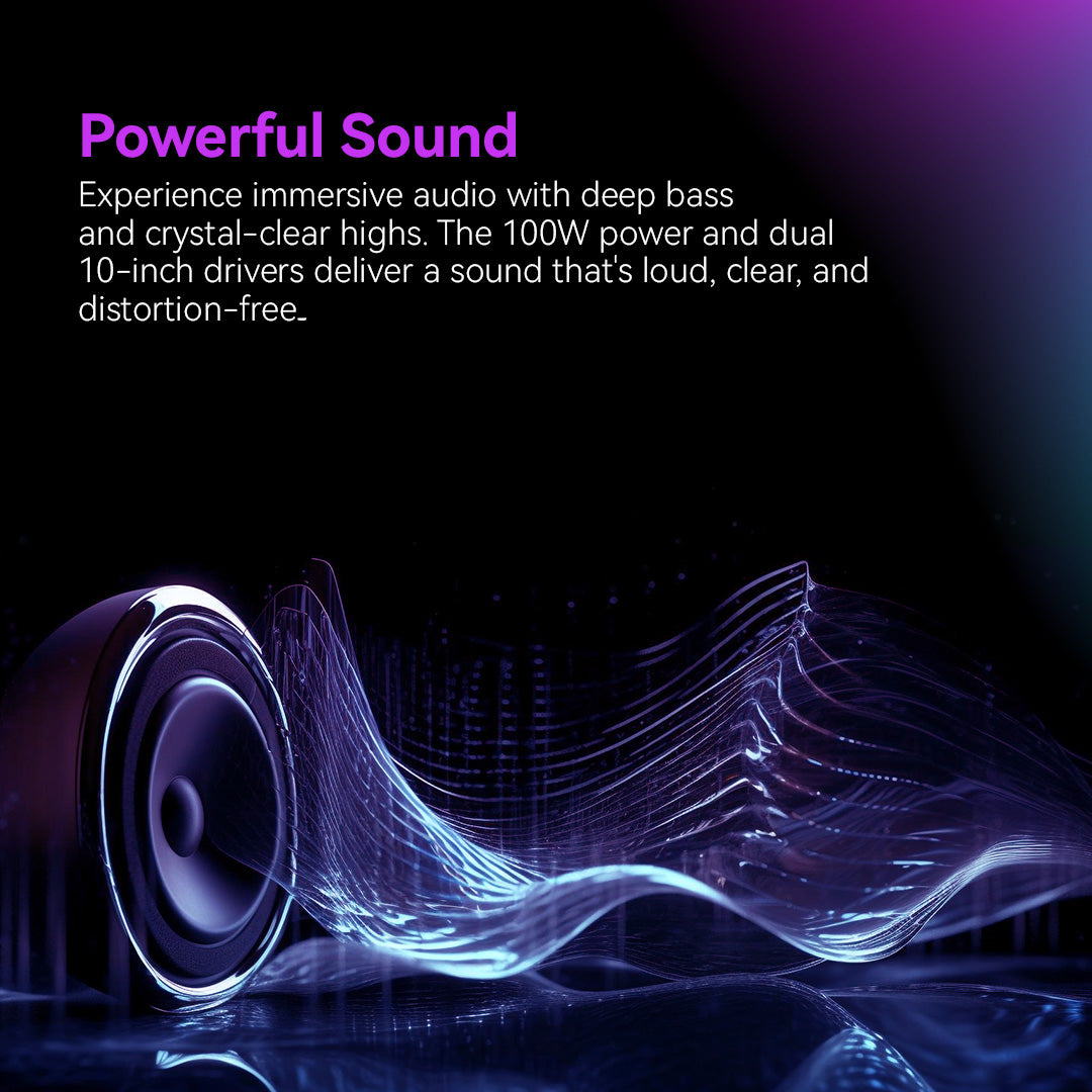 LED TOWER WOOFER HALO WAVE G1 100W : Système d'enceinte Bluetooth TWS 100W avec double haut-parleur de basses 10", tweeter 1.5", entrée guitare, micro sans fil, radio FM, effets lumineux flamme, USB, TF, AUX, DC et contrôles micro. – Image 4