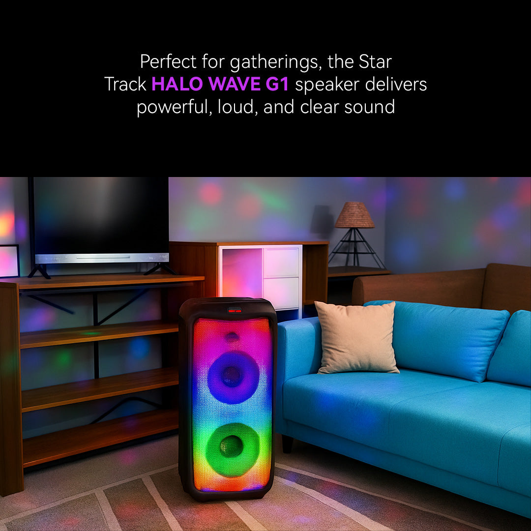 LED TOWER WOOFER HALO WAVE G1 100W : Système d'enceinte Bluetooth TWS 100W avec double haut-parleur de basses 10", tweeter 1.5", entrée guitare, micro sans fil, radio FM, effets lumineux flamme, USB, TF, AUX, DC et contrôles micro. – Image 5