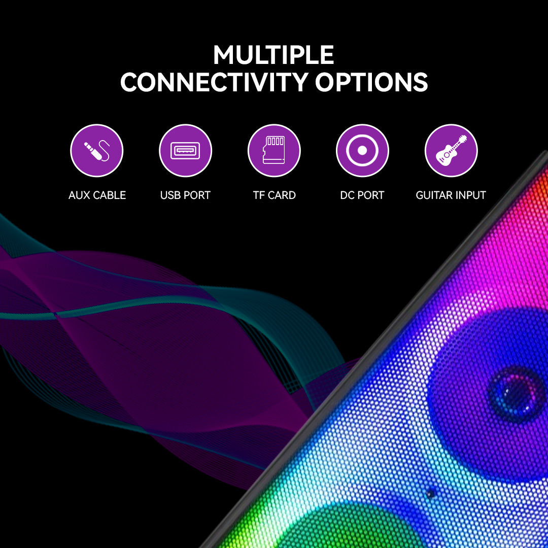 LED TOWER WOOFER HALO WAVE G1 100W : Système d'enceinte Bluetooth TWS 100W avec double haut-parleur de basses 10", tweeter 1.5", entrée guitare, micro sans fil, radio FM, effets lumineux flamme, USB, TF, AUX, DC et contrôles micro. – Image 6