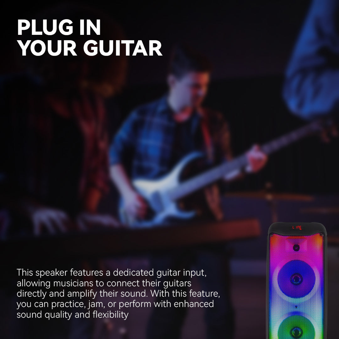 LED TOWER WOOFER HALO WAVE G1 100W : Système d'enceinte Bluetooth TWS 100W avec double haut-parleur de basses 10", tweeter 1.5", entrée guitare, micro sans fil, radio FM, effets lumineux flamme, USB, TF, AUX, DC et contrôles micro. – Image 7