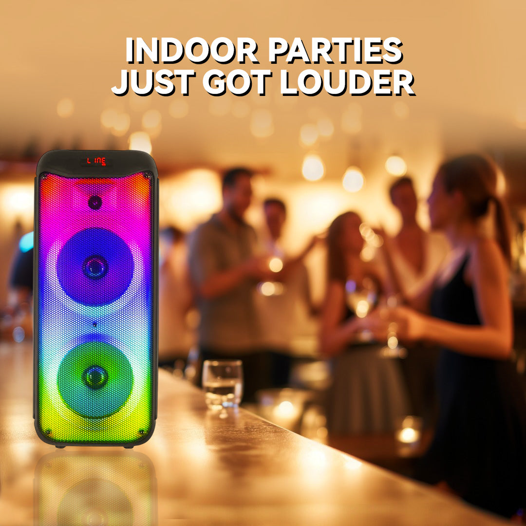 LED TOWER WOOFER HALO WAVE G1 80W:Système d'enceinte Bluetooth TWS 80W HALO WAVE G1 avec double haut-parleur de graves 8", tweeter 1", micro sans fil, radio FM, modes d'éclairage flamme, USB, TF, AUX, DC. – Image 6