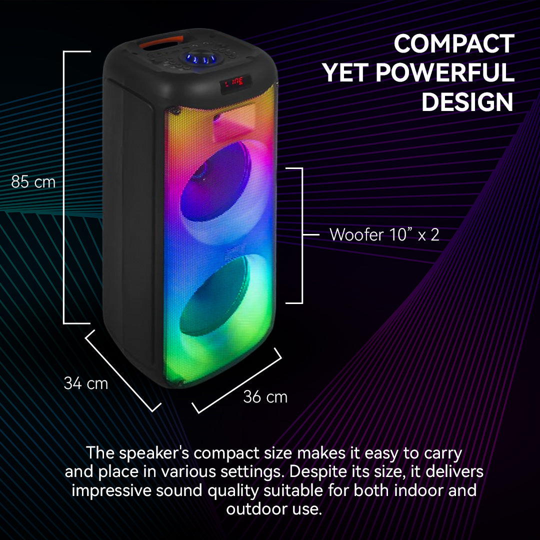 LED TOWER WOOFER HALO WAVE G1 100W : Système d'enceinte Bluetooth TWS 100W avec double haut-parleur de basses 10", tweeter 1.5", entrée guitare, micro sans fil, radio FM, effets lumineux flamme, USB, TF, AUX, DC et contrôles micro. – Image 8