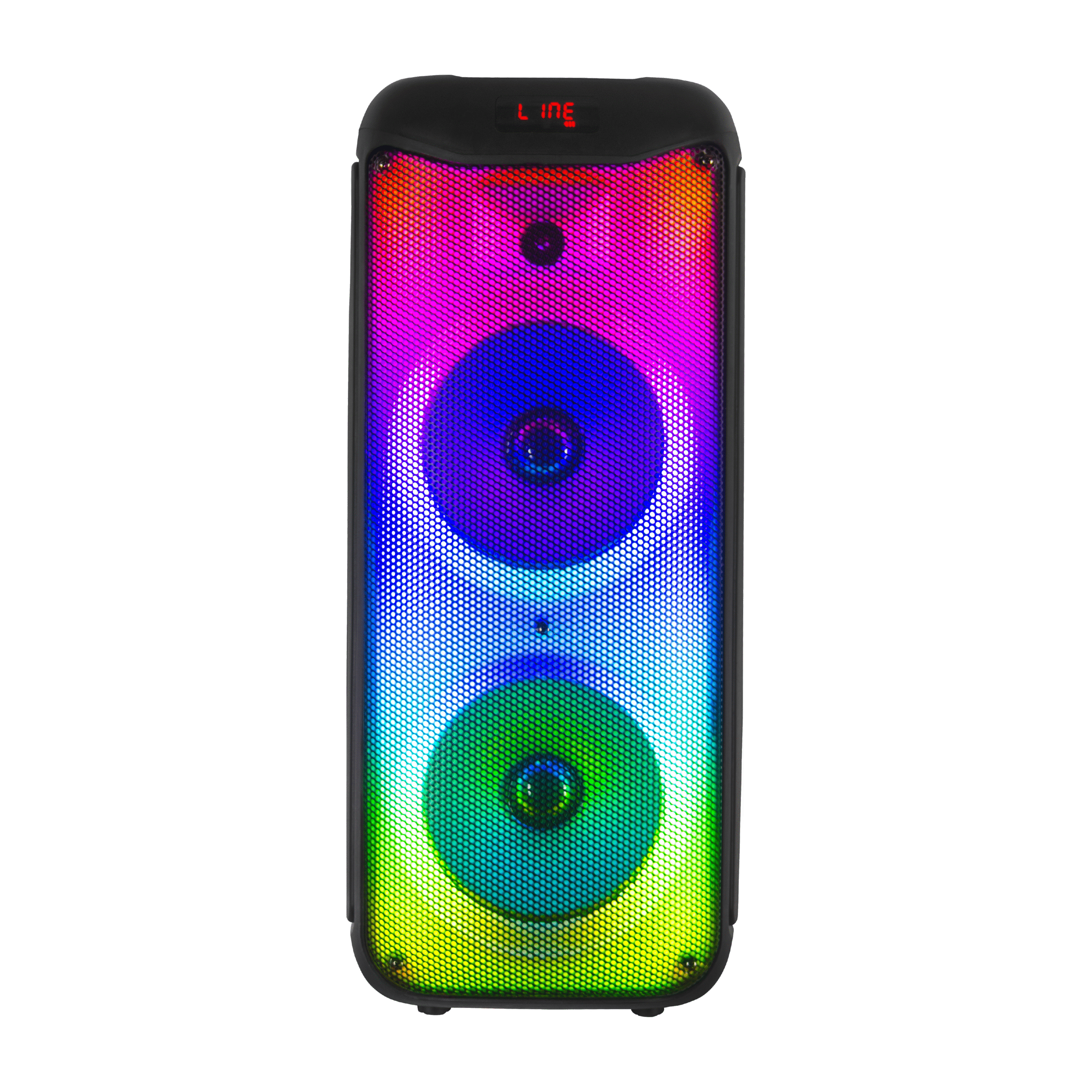 LED TOWER WOOFER HALO WAVE G1 80W:Système d'enceinte Bluetooth TWS 80W HALO WAVE G1 avec double haut-parleur de graves 8", tweeter 1", micro sans fil, radio FM, modes d'éclairage flamme, USB, TF, AUX, DC.