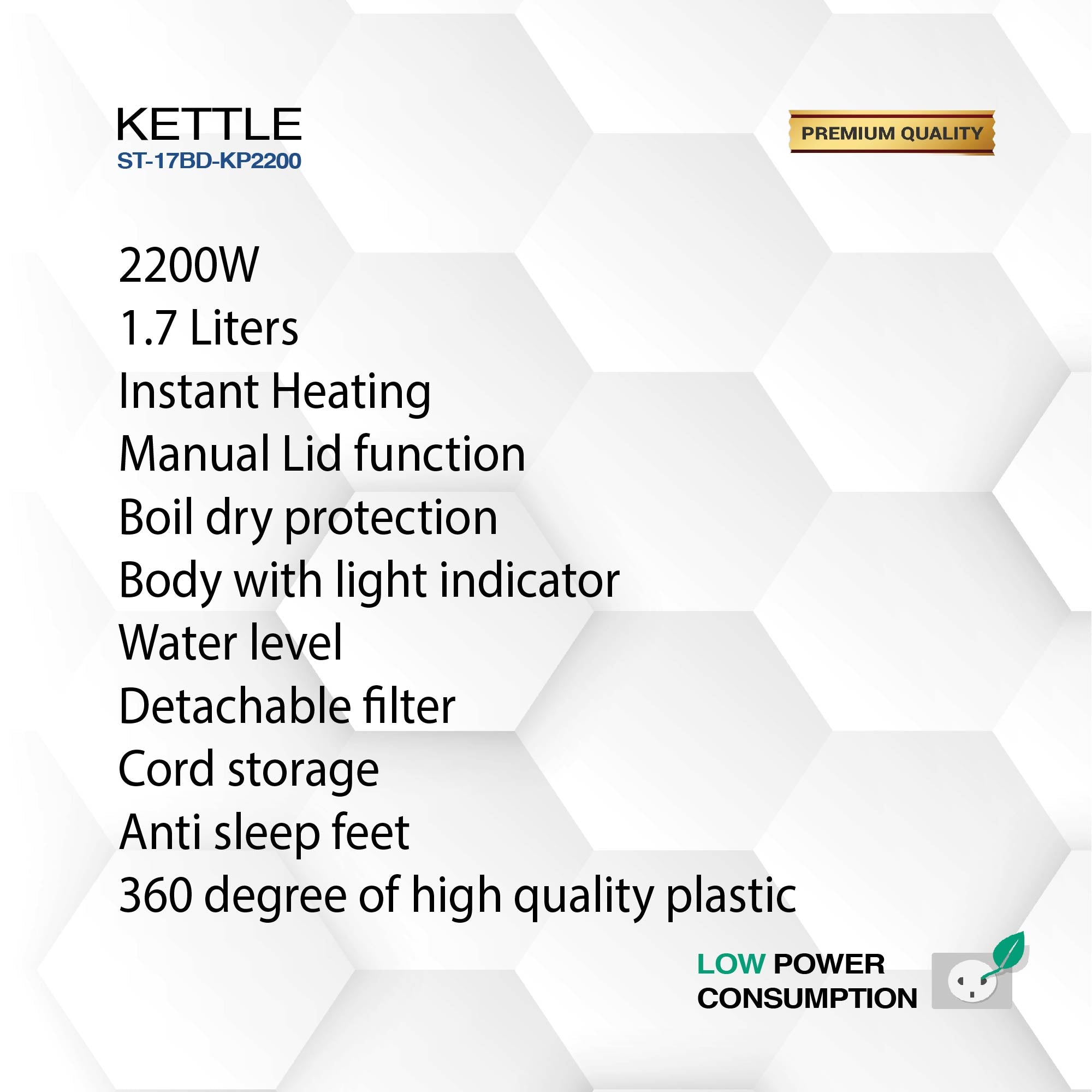 Bouilloire électrique 1,7 L, 2200 W, Chauffe Rapide, Couvercle Manuel, Protection Anti-chauffe à Sec et Indicateur Lumineux - Titre par défaut – Image 3