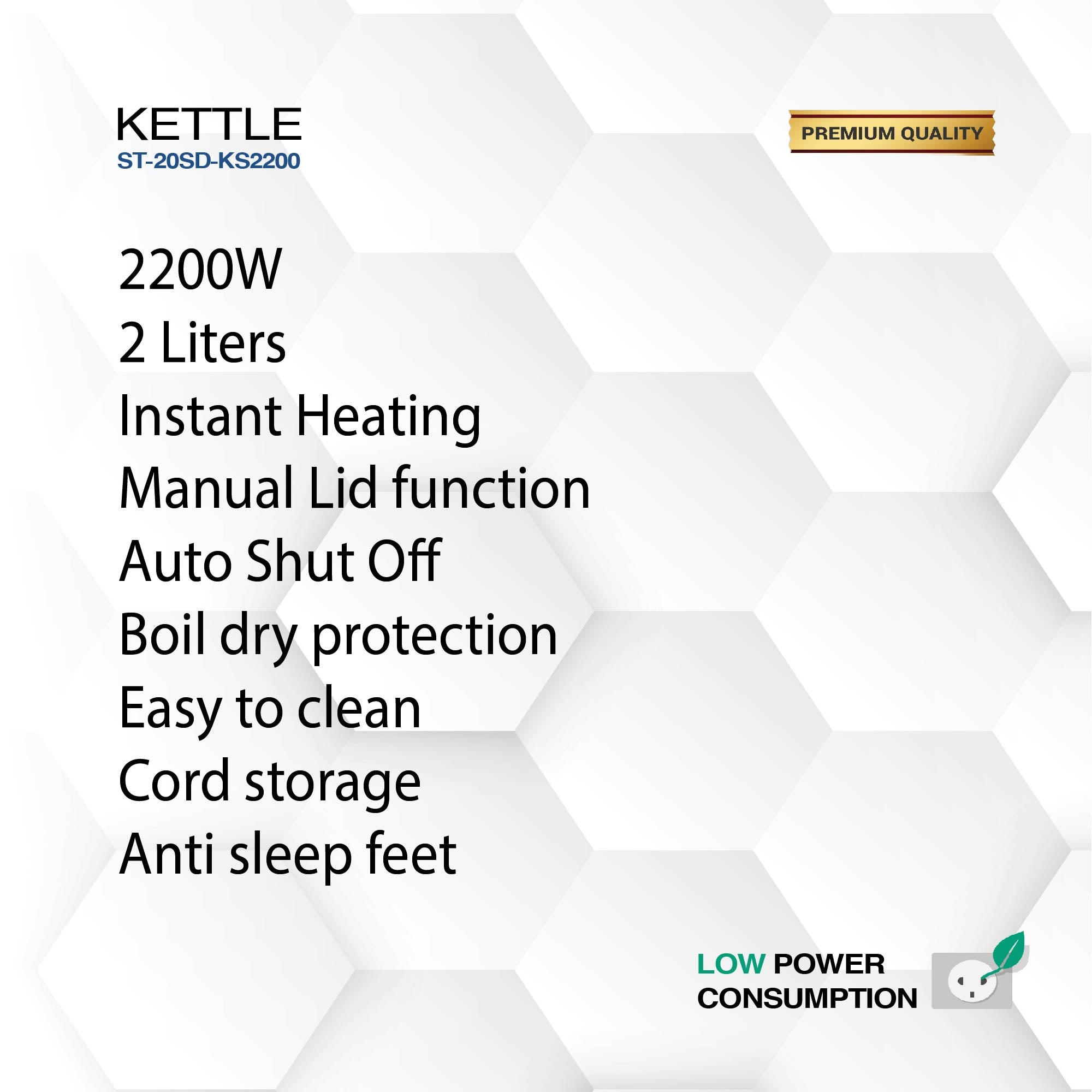 Bouilloire électrique 2,0 L, 2200 W, Chauffage instantané, Ouverture manuelle du couvercle, Arrêt automatique, Protection contre la chauffe à sec - Titre par défaut – Image 3