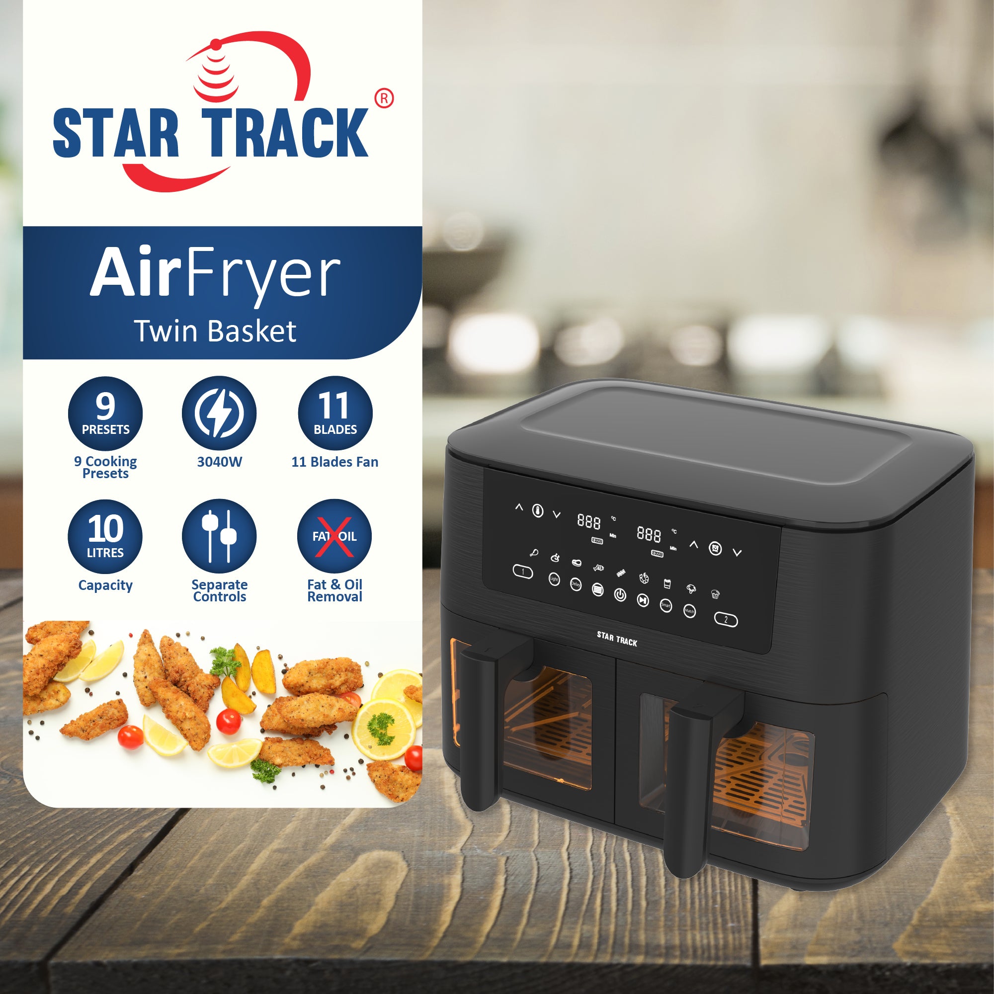 Friteuse à air chaud (Air Fryer) 10 L Double compartiment Ventilateur à 11 pales – Image 2